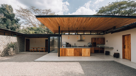 A stunning modern minimalist house featuring an open kitchen and outdoor patio, harmoniously integrated with nature and designed for comfort and relaxation.の素材