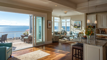 A modern coastal living space featuring panoramic ocean views and bright natural light. This luxurious apartment showcases elegant decor and inviting ambiance.の素材