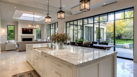 A stunning modern kitchen featuring white cabinetry and exquisite marble countertops, seamlessly blending elegance with functionality, and showcasing a captivating view of the lush garden and living area.の素材