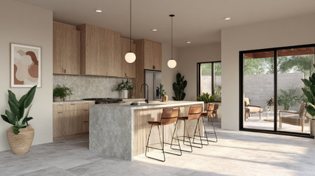 This modern kitchen features a spacious design with natural light, stylish furniture, and greenery, perfect for entertaining and family gatherings.の素材