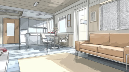 This illustration showcases a bright and modern living room with minimalistic design elements, featuring a stylish couch and elegant furniture arrangements.の素材