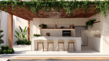 This stunning outdoor kitchen showcases a blend of modern design with natural elements, featuring a spacious bar, lush greenery, and a minimalistic aesthetic perfect for entertaining.の素材