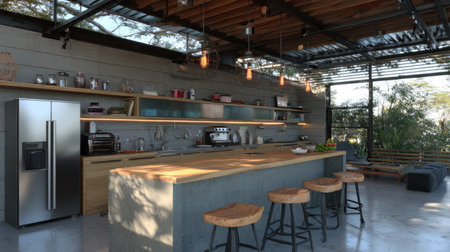 Bright and spacious kitchen featuring an open-concept layout, stylish bar stools, and rustic wood accents. Perfect for cooking and entertaining.の素材