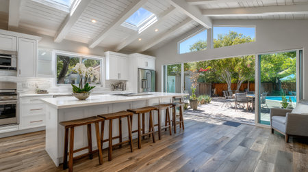 A bright and modern kitchen featuring an open layout with large windows that bring in natural light, offering views of a serene outdoor space.の素材