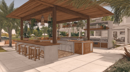 This stunning outdoor kitchen showcases a modern design featuring a bar with seating, lush greenery, and sunlight, perfect for cooking and entertainment.の素材