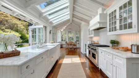 This image showcases a bright and inviting modern kitchen featuring skylights, white cabinetry, and a warm wooden floor, perfect for home cooking.の素材