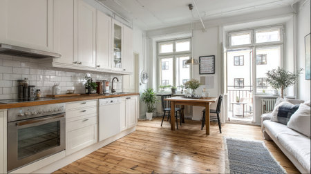 Light-filled minimalist kitchen featuring wooden details, modern appliances, and a cozy dining area, ideal for urban living and stylish interiors.の素材