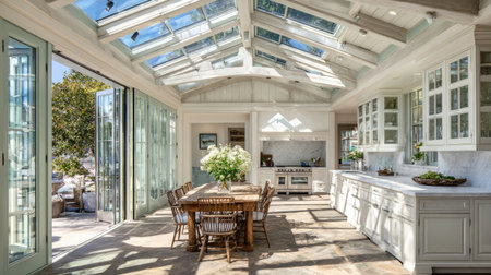 This stunning modern kitchen features expansive skylights and an open design, filling the space with natural light. Ideal for hosting.の素材