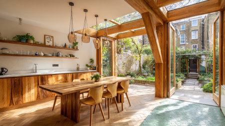 This modern kitchen features beautiful wooden elements with an open-concept layout. Natural light floods the space, enhancing the inviting atmosphere and creating a seamless connection with the lush garden outside. Ideal for entertaining and family gatherings.の素材