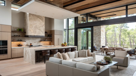 This stunning interior showcases a modern open-concept kitchen and living space, featuring natural wood elements and expansive windows that invite scenic views.の素材