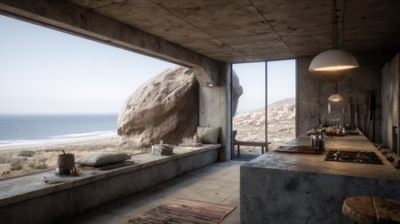 A modern minimalist kitchen showcases a breathtaking ocean view through large windows, blending indoor and outdoor elements with natural rock.の素材