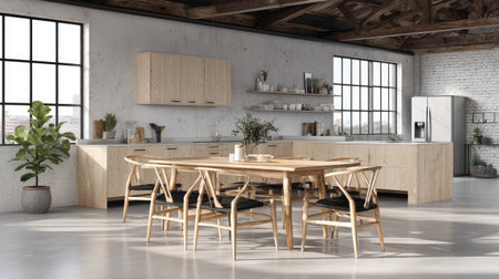 A stylish modern kitchen showcasing wooden cabinets, a large dining table, and ample natural light through big windows, creating a bright and inviting atmosphere.の素材