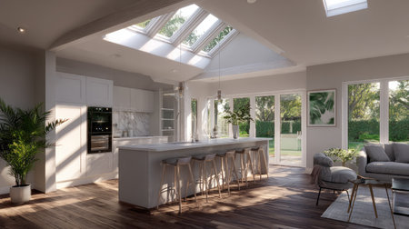 This modern kitchen features ample natural light flooding through skylights, creating a spacious and inviting environment perfect for cooking and entertaining.の素材