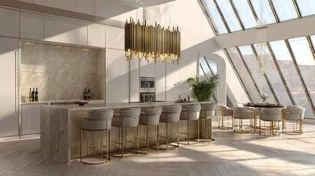 Experience a modern bar interior featuring elegant design, sleek furniture, and abundant natural light. A sophisticated setting for relaxation and socializing.の素材