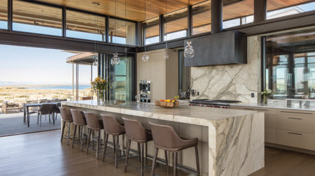 Discover a modern open kitchen featuring a large marble island, panoramic windows, and stylish decor, perfect for cooking and entertaining in luxury.の素材