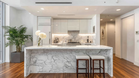 A stunning modern kitchen featuring a sleek marble countertop, stylish bar stools, and abundant natural light, creating an elegant and inviting atmosphere.の素材