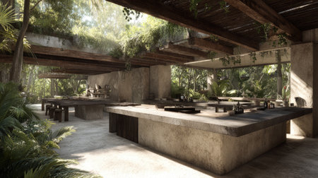 Experience the tranquility of a rustic kitchen integrated with nature, featuring abundant greenery, natural light, and a serene atmosphere ideal for relaxation and culinary creativity.の素材