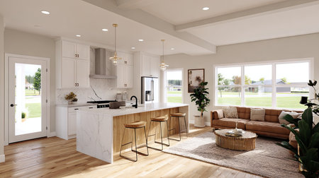 This image showcases a bright and modern kitchen and living room with an open concept design. The space features stylish decor and large windows that fill the area with natural light, creating an inviting and cozy atmosphere perfect for relaxation and family gatherings.の素材