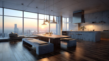 Contemporary apartment interior features a cozy dining area with a wooden table, modern furniture, and stunning city skyline views at sunset.の素材