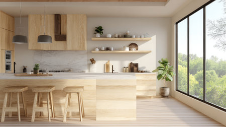 This image features a modern kitchen with natural wood finishes, ample sunlight, and large windows that offer a serene view of the green landscape outside.の素材