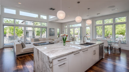 Experience a stunning modern open-concept kitchen and living area, featuring elegant decor, abundant natural light, and a welcoming ambiance ideal for entertaining.の素材