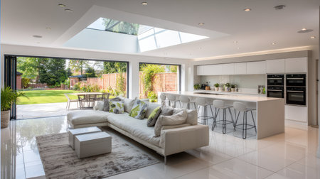 A beautifully designed modern living space features large windows that invite sunlight into the room, creating a bright and welcoming atmosphere.の素材