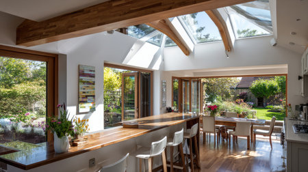 A beautifully designed kitchen featuring large skylights and wooden beams that create a bright, inviting atmosphere. Overlooking a serene garden, this space blends comfort and style seamlessly.の素材