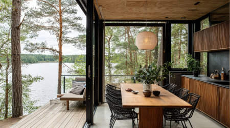 This image captures a modern interior of a lake house featuring wooden furniture and a stunning view of calm water and lush trees through expansive glass windows.の素材