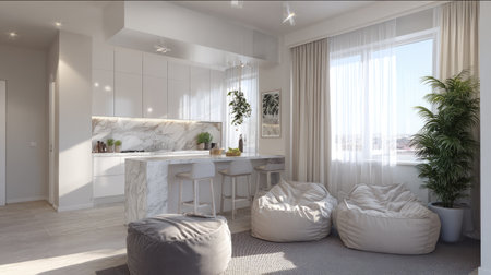 This modern kitchen lounge features cozy bean bags, a sleek marble countertop, and a scenic window view, creating an inviting atmosphere filled with natural light.の素材