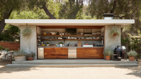 This stunning outdoor kitchen features modern appliances and wooden accents, surrounded by lush greenery, creating a perfect space for cooking and entertaining.の素材