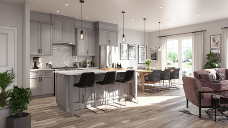 This modern kitchen showcases elegant gray cabinetry and an open-concept design that flows into a stylish dining area, offering a bright and inviting space for gatherings.の素材