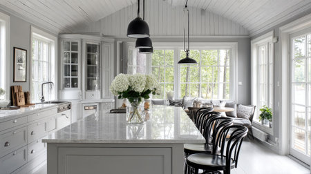 A stunning modern kitchen featuring elegant design elements and an abundance of natural light. The bright space is perfect for cooking and socializing.の素材