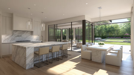 This modern kitchen features stunning marble countertops, an open layout, and large windows that provide a view of a serene garden, perfect for family gatherings.の素材