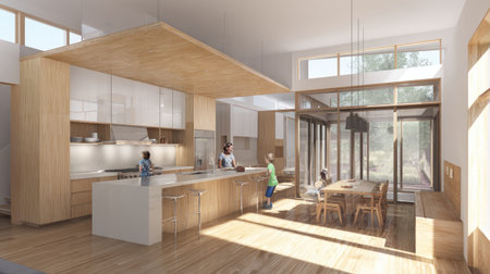 A modern interior kitchen featuring natural wood elements, sleek furniture, and abundant sunlight. Ideal for contemporary living and family gatherings.の素材