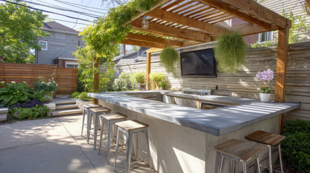 This image showcases a beautifully designed outdoor kitchen area, featuring a modern stone countertop, pergola, and vibrant greenery, perfect for gatherings.の素材