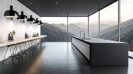 This modern minimalist kitchen features a sleek design with stunning mountain views through expansive glass windows, creating a bright and inviting atmosphere.の素材