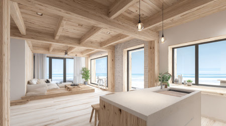This modern minimalist interior showcases natural wood accents, offering a bright and airy atmosphere with stunning ocean views, perfect for relaxation.の素材