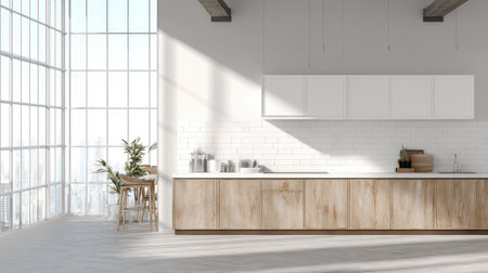 A spacious modern minimalist kitchen featuring large windows that flood the area with natural light, showcasing sleek cabinetry and earthy accents.の素材