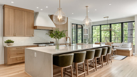 A beautifully designed modern kitchen featuring large windows, elegant wooden finishes, and a spacious island with seating. Ideal for cooking and entertaining.の素材