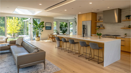 Bright and airy space featuring an open concept kitchen and living room, highlighting modern design elements, natural light, and stylish decor.の素材