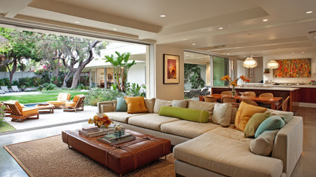 This modern living room showcases an open concept design flooded with natural light. The inviting space features a comfortable sofa, stylish decor, and a seamless connection to the lush outdoor garden.の素材