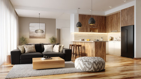 This modern minimalist living room features cozy furniture, stylish kitchen space, and warm sunlight creating an inviting atmosphere in the home.の素材