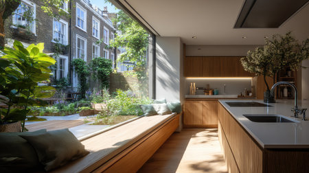 Bright and inviting modern kitchen featuring large windows with a view of a lush garden. The warm wood accents create a cozy urban atmosphere with natural light.の素材