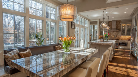 Bright and modern kitchen interior showcasing a stunning marbled table, elegant flowers, and abundant natural light, creating a warm and inviting atmosphere.の素材