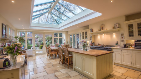 Bright and spacious kitchen featuring a stunning skylight, elegant decor, and an inviting atmosphere, perfect for family gatherings and entertaining.の素材