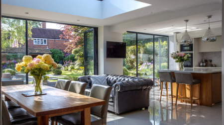 A beautifully designed open concept living space featuring natural light, a cozy dining area, and a stunning garden view, perfect for relaxation and comfort.の素材