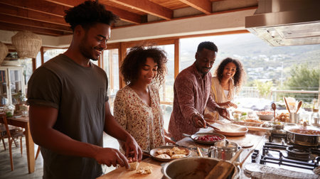 A group of friends joyfully cooking together in a modern kitchen, sharing smiles and delicious food as they engage in a fun culinary experience.の素材