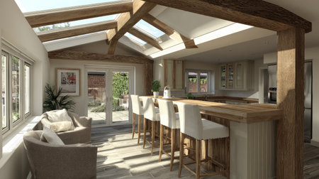 This modern kitchen features skylights and wooden beams, creating a bright and inviting space ideal for relaxation and entertainment. The open plan design connects to nature.の素材