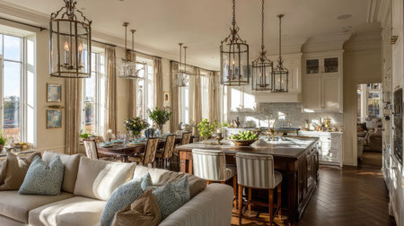 A beautifully designed kitchen and dining area filled with natural light, showcasing elegant furnishings, stylish decor, and inviting ambiance perfect for gatherings.の素材