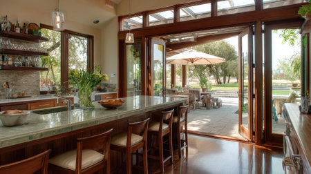 This elegant modern kitchen features a spacious layout with natural light streaming in, inviting an outdoor view that enhances the overall ambiance and comfort.の素材